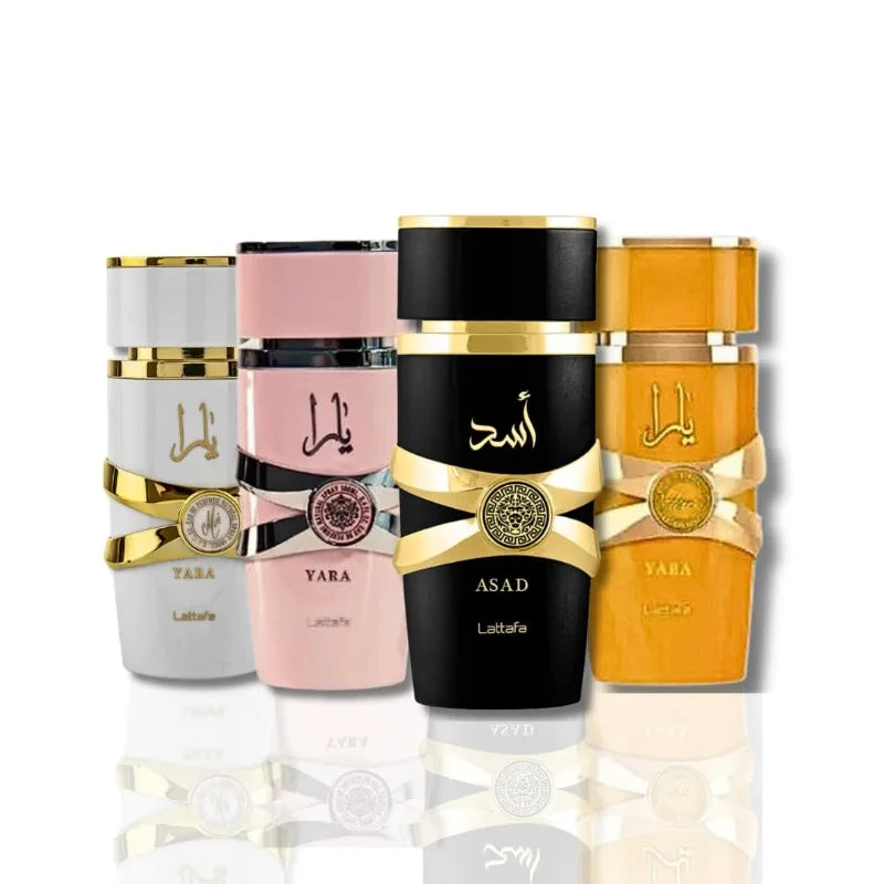 Lattafa Yara 4 Piece Set Feminine Tropical Fruity Floral Vanilla Eau de Parfum 3.4 Oz Premium Arabian Perfumes Lasting Fragrance